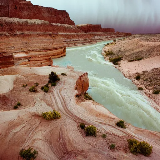 Image similar to photo of green river, wyoming cliffs during thunderstorm. the foreground and river are brightly lit by sun, and the background clouds are dark and foreboding. kodak portra 4 0 0,