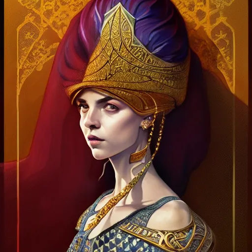 Image similar to bilie eilish portrait of ottoman sultan gog, female, clear face, symetrical, masculine, full body, 4 k, fantasy, intricate, elegant, highly detailed, digital painting, artstation, concept art, matte, sharp focus, illustration, art by artgerm and greg rutkowski and alphonse mucha