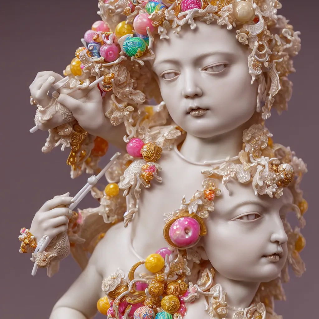 Prompt: a closeup photo - real delicate ceramic porcelain sculpture of an ornate detailed angel, made of lollypops, in front of an intricate background by rafael, micro detail, backlit lighting, subsurface scattering, translucent, thin porcelain, octane renderer, colorful, physically based rendering, trending on cgsociety