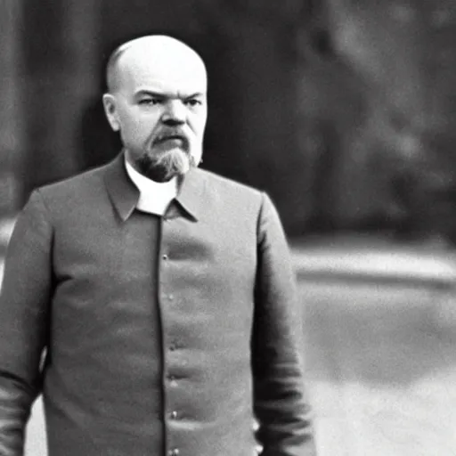 Image similar to A vintage picture of Vladimir Lenin in a metal super suit