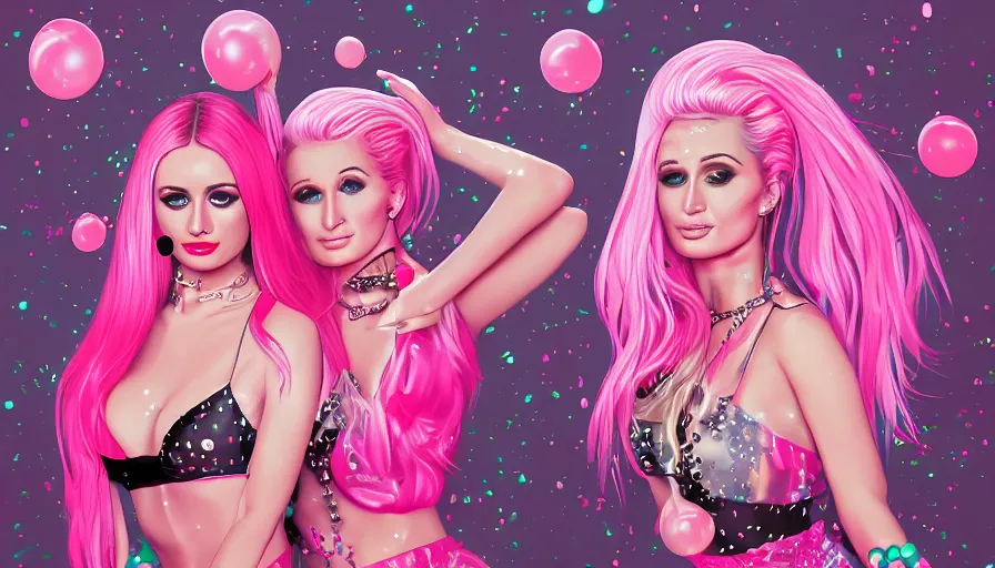 Image similar to Kim Petras and Paris Hilton pink bubblegum pop album cover, hyperdetailed, artstation, cgsociety, deviantart 8k