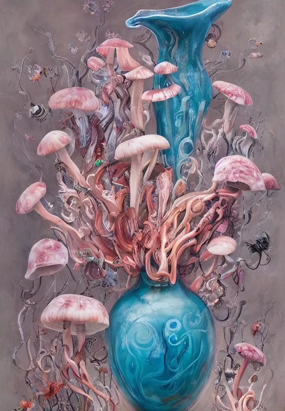 Image similar to a biomorphic painting of a vase with flowers and eyeballs in it, a surrealist painting by marco mazzoni, by dorothea tanning, pastel blues and pinks, pink oyster mushrooms, bees, featured on artstation, metaphysical painting, oil on canvas, fluid acrylic pour art, airbrush art, seapunk, rococo, lovecraftian