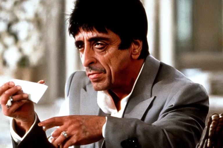 Prompt: tony montana from movie scarface 1 9 8 3 sitting behind a big black oak table with big large packages of flour. al pacino. perfect symmetric face, coherent eyes, medium shot, fine details, 4 k, ron cobb. last scene from scarface movie, bokeh