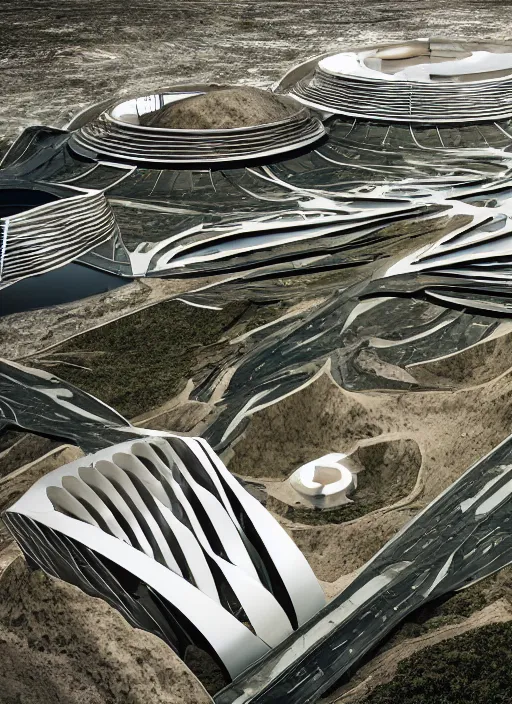 Image similar to techno chuquicamata bioremediation white mining tailing futuristic horizontal architecture, epic, cinematic, hyperealistic, high detailed, corona render, hdr, ray tracing
