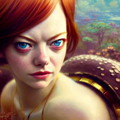 Image similar to emma stone as anime girl, mushroom kingdom, fantasy character portrait, concept art, interesting angle, intricate details, highly detailed by greg rutkowski, gaston bussiere, craig mullins, simon bisley