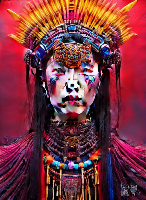 Image similar to portrait of liu yifei, hyper detailed ultra sharp aztec shaman warrior. trending on artstation, warpaint aesthetic, bloodwave, colorful, psychedelic, ornate, intricate, digital painting, concept art, smooth, sharp focus, illustration, art by artgerm and greg rutkowski and h. r. giger, 8 k