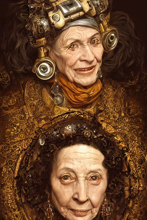 Image similar to portrait, headshot, digital painting, of a old 17th century, old lady cyborg merchant, amber jewels, baroque, ornate clothing, scifi, futuristic, realistic, hyperdetailed, chiaroscuro, concept art, art by waterhouse and klimt