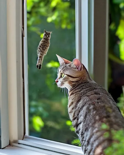 Image similar to a watchful cat is staring out the window at a couple of birds in the yard the birds are hunting for food on the ground. the cat's tail is slowly flicking back and forth