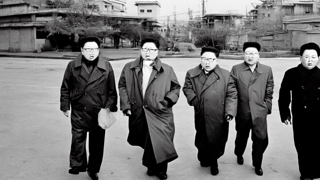 Image similar to kim jong - il walking in 1 9 6 0 s pyongyang, film noir thriller in the style of orson welles and andrei tarkovski