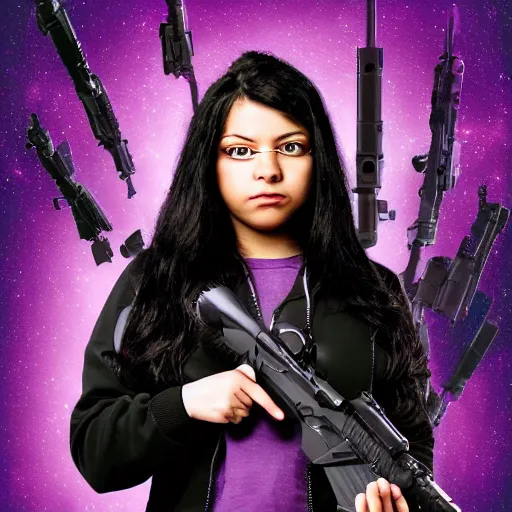 Image similar to poster artwork, sci fi, a female, full body, black hoodie techie, black hair with purple streaks, holding a gun, 8 k