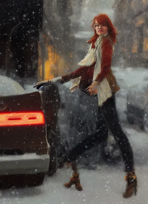 Image similar to emma stone getting out of a taxi in winter, artwork by gaston bussiere, craig mullins, trending on artstation