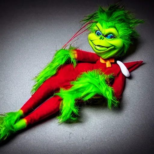 Prompt: Photograph of a horrifying, voodoo doll of the Grinch-W 910