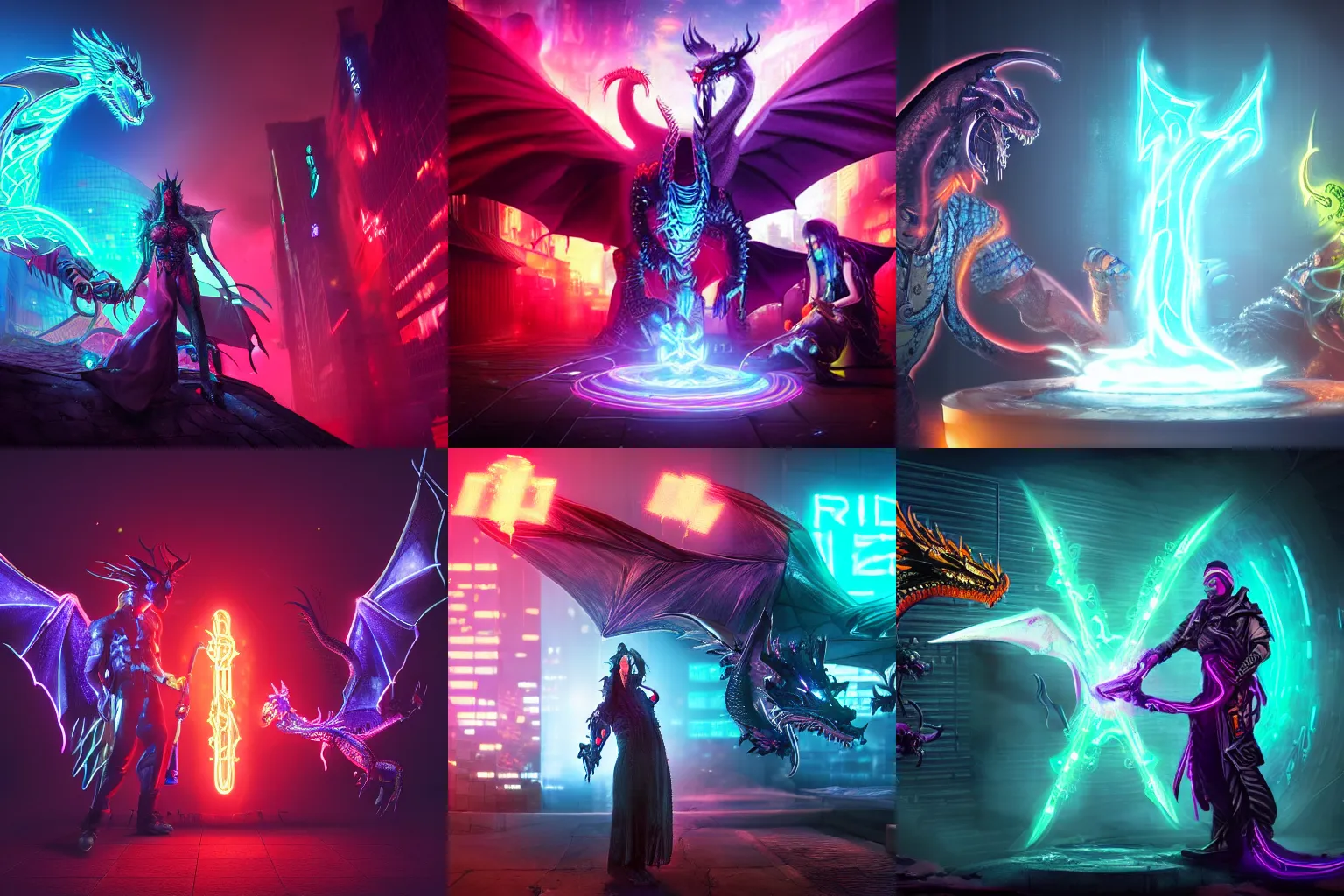 Prompt: cyberpunk wizard summoning a dragon, fine detail, 4 k, neon lighting, realistic lighting