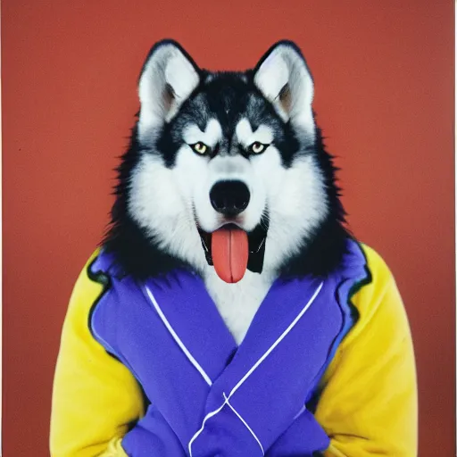 Prompt: anthropomorphic husky holding Snoop Dogg for a 1990s sitcom tv show, Studio Photograph, portrait, C 12.0