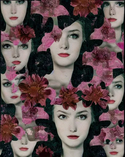Prompt: women's faces, cut and paste collage, glitched flowers, muted color, ripple effect, 1 9 5 0 s elements, water stains, many serene - looking faces