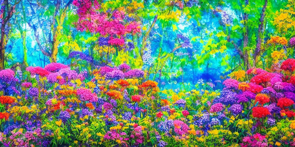 Image similar to luxurious primeval forest, flowers in bloom, colorful, peaceful, serene, colorful birds, in the style of André Chéret,