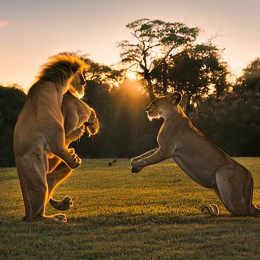 Image similar to lion slap boxing a kangaroo, savannah, national geographic, golden hour, 3 5 mm