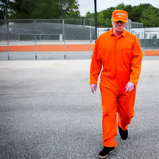 Image similar to photojournalist photo of donald trump!! in orange prison jumpsuit walking in the federal prison yard with other inmates, 3 5 mm f 1. 8