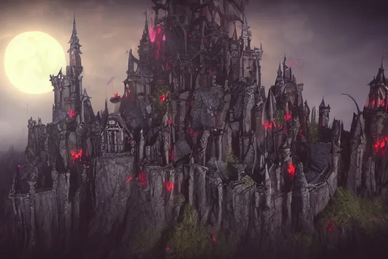 Image similar to big evil fairy castle - city rock dark shadow elves, might and magic heroes 7, dark fantasy, shadows, artstation trending, unreal engine 5, red