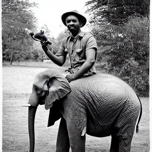 Image similar to a man on a chair with his pet elephant on his lap