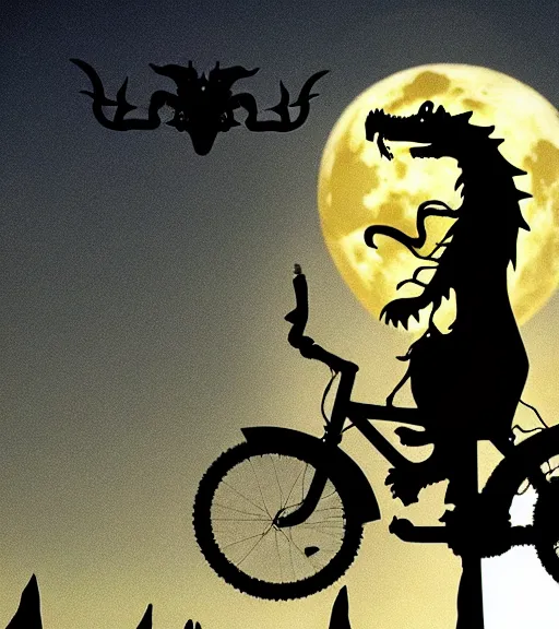 Prompt: a dragon and bike are flying across the full moon as silhouette, from the movie e. t. the extra terrestrial, with dark trees in foreground, cinematic frame by steven spielberg, hd