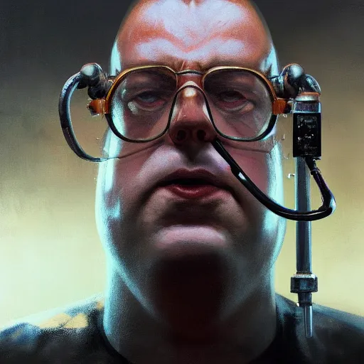 Image similar to closeup portrait of an overweight barkeeper, prosthetic robot arm, ratz, neuromancer, bar background, painted by greg rutkowski, painted by igor kieryluk, high detail, dramatic light, digital art, trending on artstation