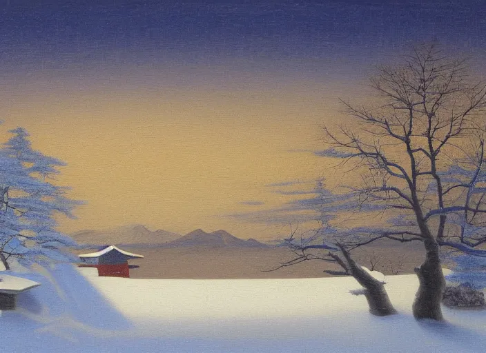 Image similar to hokkaido in winter, japan in the style of hudson river school of art, oil on canvas