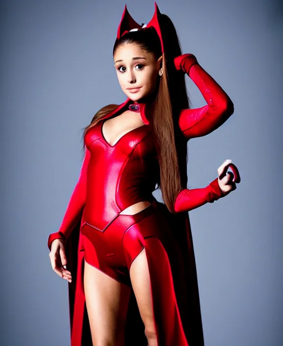 Prompt: ariana grande modeling as the scarlet witch, professional photograph