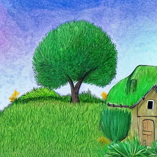 Prompt: A Illustration of a beautiful cottage, with a lush grass lawn, featuring a tree in the style of DrawWithJazza