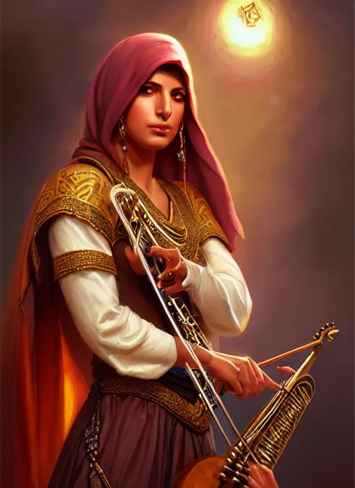 Prompt: a _ fantasy _ style _ portrait _ painting _ of arabian female charismatic bard playing instrument, rpg dnd oil _ painting _ unreal _ 5 _ daz. _ rpg _ portrait _ extremely _ detailed _ artgerm _ greg _ rutkowski _ greg