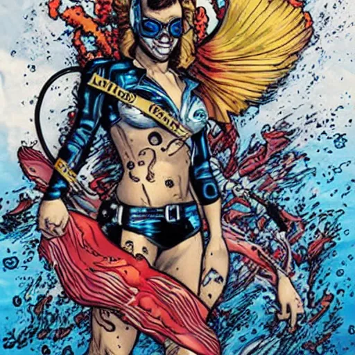 Prompt: full body painting of an underwater diver, by MARVEL comics and Sandra Chevrier