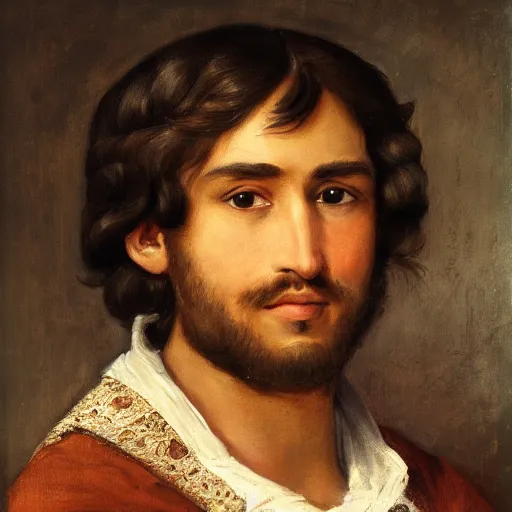 Prompt: a portrait of a young brown skinned and brown haired ancient nobleman