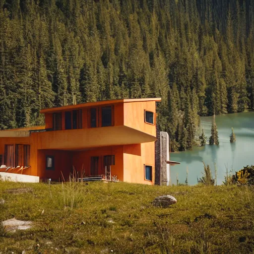 Image similar to wes anderson style modern futuristic house near the lake, snowy mountains and green forest, cinematic, realism, photo, detailed