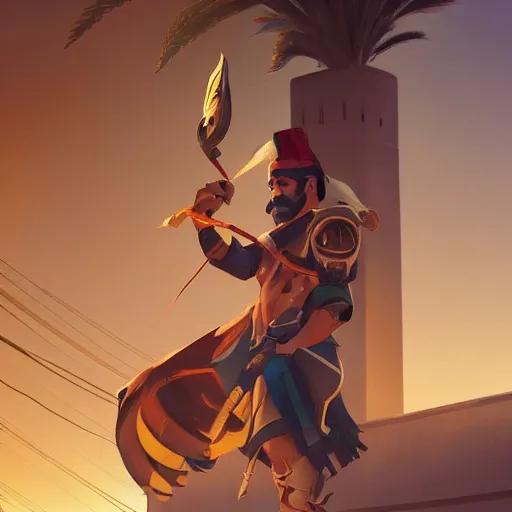 Image similar to hanzo from overwatch travels in marrakech streets, morocco, palm trees, mosque, highly detailed, digital painting, artstation, concept art, smooth, sharp focus, illustration, art by artgerm and greg rutkowski and alphonse mucha