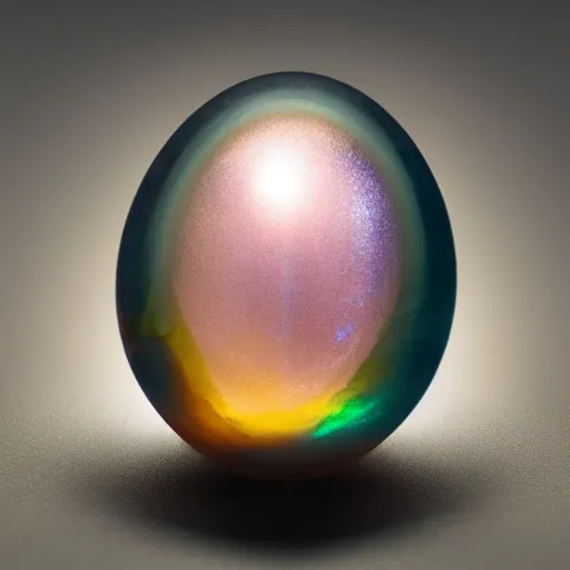 Image similar to - an iridescent angels egg inside a translucent rubber shell, bio luminance, hyper details, cinematic lights, photo bashing, cinematic lighting, octane