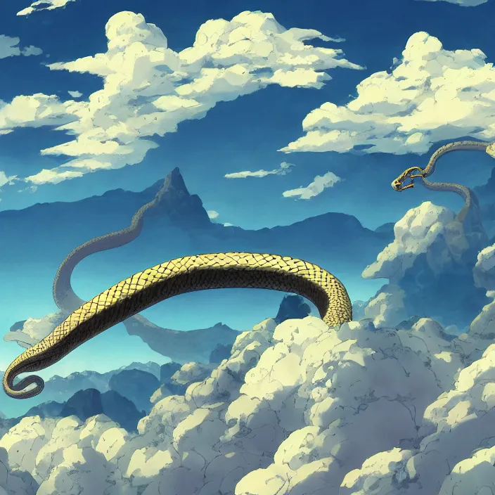 Prompt: giant snake flying over the mountains, clouds and sky, inspired by Nausicaa of the Valley of the Wind, Studio Ghibli, Hayao Miyazaki, 8k, 4k, UHD, HDR, photorealistic, 3D, digital painting, matte painting, environment design, by Victor Nava, Artstation