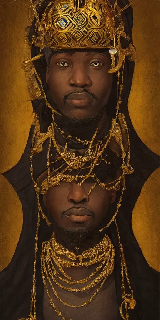 Prompt: a stunning and noble highly detailed romantic period style portrait of Mansa Musa by Josep Tapiró Baró, trending on artstation, oil painting masterpiece, symmetry, mysterious, very very very aesyhetic, African iconography