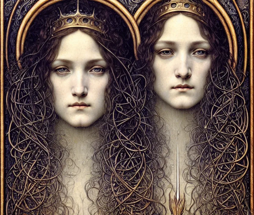 Image similar to detailed realistic beautiful young medieval queen face portrait by jean delville, gustave dore and marco mazzoni, art nouveau, symbolist, visionary, gothic, pre - raphaelite. horizontal symmetry