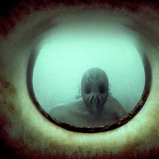 Prompt: sea monster about to eat pov underwater, visceral, unholy abomination, half submerged below eyes, pale skin, dark yellowish water, foggy water, dark, dramatic,'silent hill ', big eyes, alluring and terrifying, cinematic