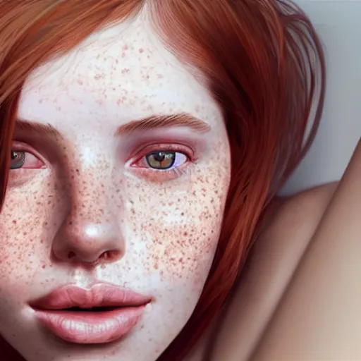 Image similar to portrait of a cute thin young woman, red blush, cute freckles wearing casual clothes, small smile, relaxing on a couch, cozy under a blanket, cozy living room, close up shot, 8 k, trending on artstation, art by diego fazio and irakli nadar and ron mueck, hyperrealism, hyperdetailed, ultra realistic