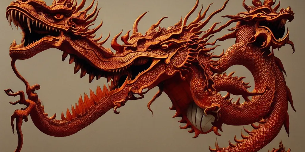 Image similar to a Chinese dragon art by Daniel Dos Santos, Beksinski, Giger, intricate colourfully painted carved wood paneling, lighting, ivory and copper , artstation