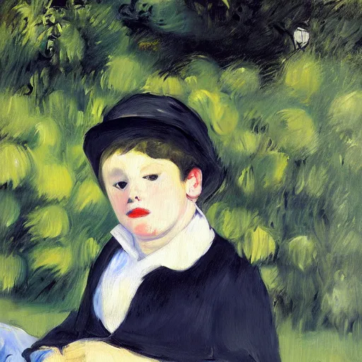 Image similar to my large son, outdoor scene, early night, oil painting, style of manet, hyperrealistic