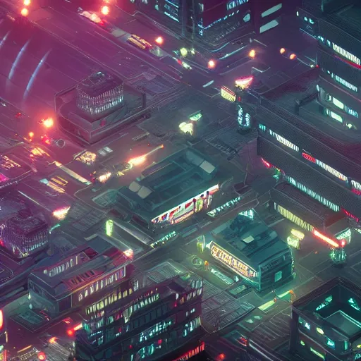 Image similar to wide angle isometric futuristic city at night bladerunner unreal engine zoomed out