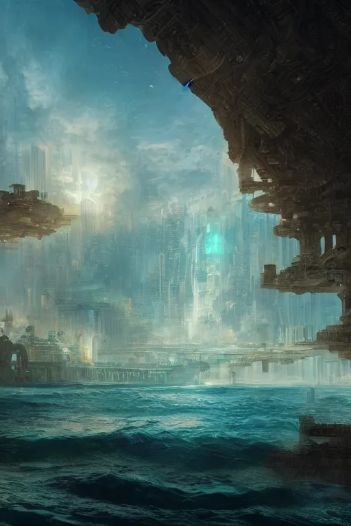 Prompt: magnificent view of the city of atlantis rising on the sea, intricate, elegant, volumetric lighting, digital painting, highly detailed, artstation, sharp focus, illustration, concept art, ruan jia, steve mccurry