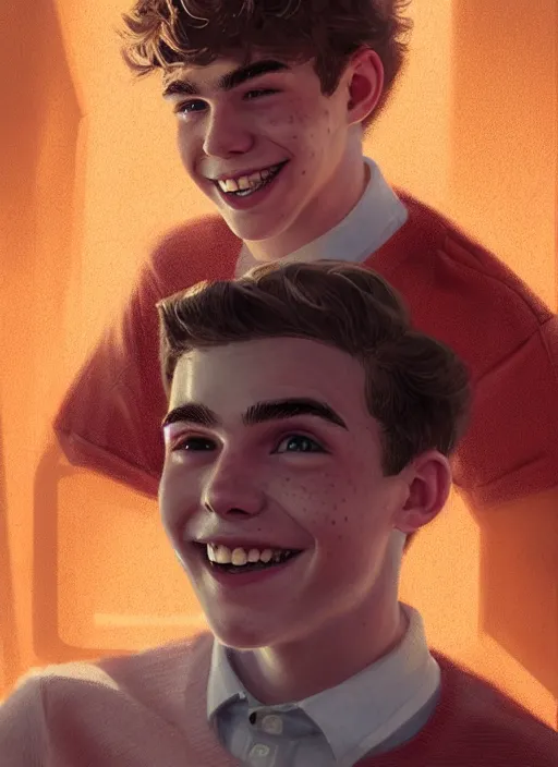 Image similar to portrait of teenage archie andrews, freckles, curly middle part haircut, curly hair, smiling kindly, friendly, 1 9 5 0 s, intricate, elegant, glowing lights, highly detailed, digital painting, artstation, concept art, smooth, sharp focus, illustration, art by wlop, mars ravelo and greg rutkowski