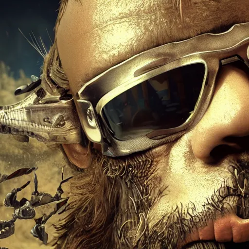 Image similar to highly detailed octane render of a close up portrait of an ugly man with a giant beard wearing goggles and armour and screaming in a cave whilst surrounded by large insects