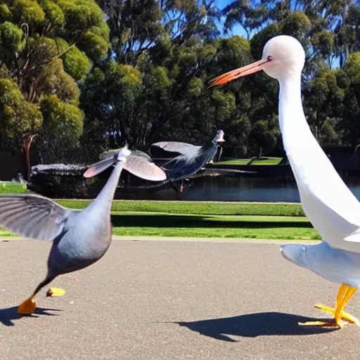 Prompt: shrimp fighting a pigeon in front of Canberra Parliament House