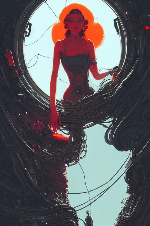 Image similar to highly detailed portrait of sci - fi long curly blue haired lady, stray wiring by atey ghailan, james gilleard, by joe fenton, by greg rutkowski, by greg tocchini, by kaethe butcher, 4 k resolution, gradient red, orange, black and white color scheme!!! ( ( nebula dystopian city spiral background ) )