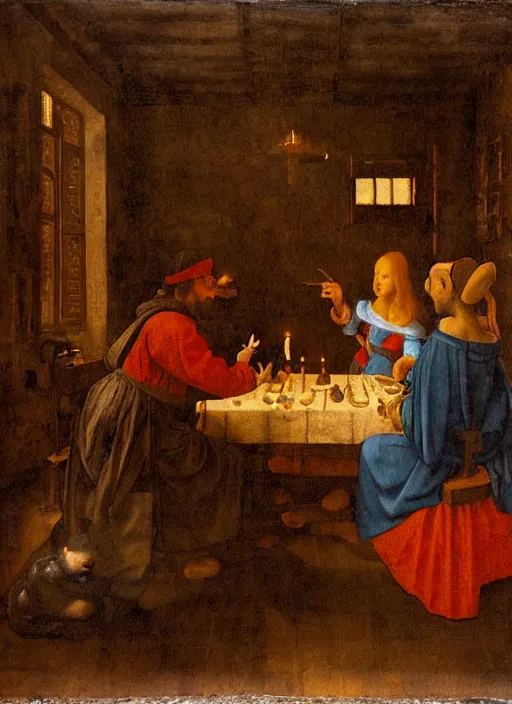 Image similar to a candlelit table at the inn, mario and luigi sitting at the table, swirling smoke, dark smoke, realistic, in the style of leonardo da vinci, dutch golden age, amsterdam, medieval painting by jan van eyck, johannes vermeer, florence