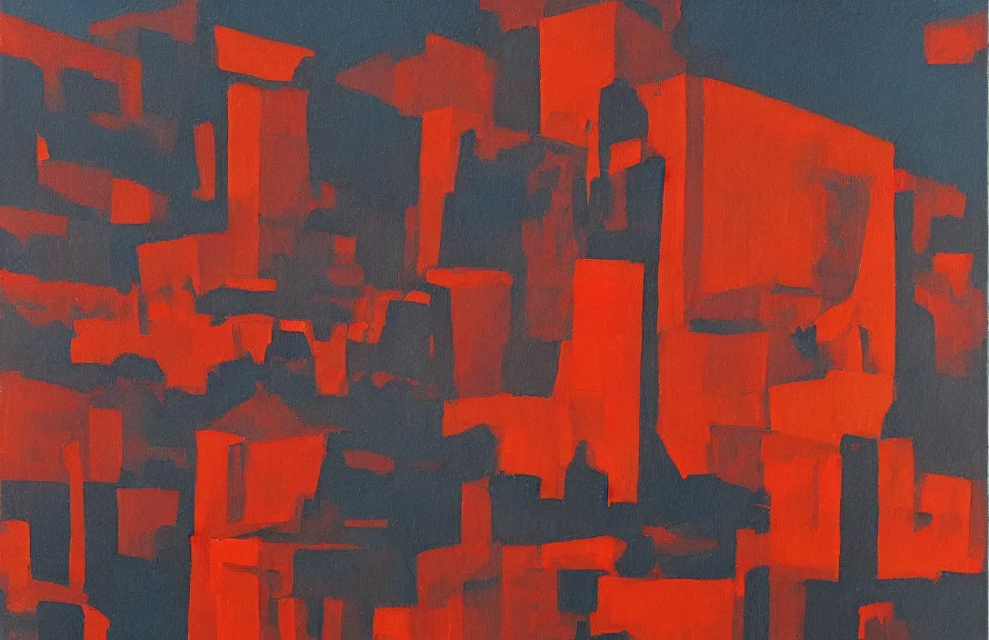 Image similar to a painting in the style of Oscar Florianus Bluemner, a woman in a red dress floats over dark factories